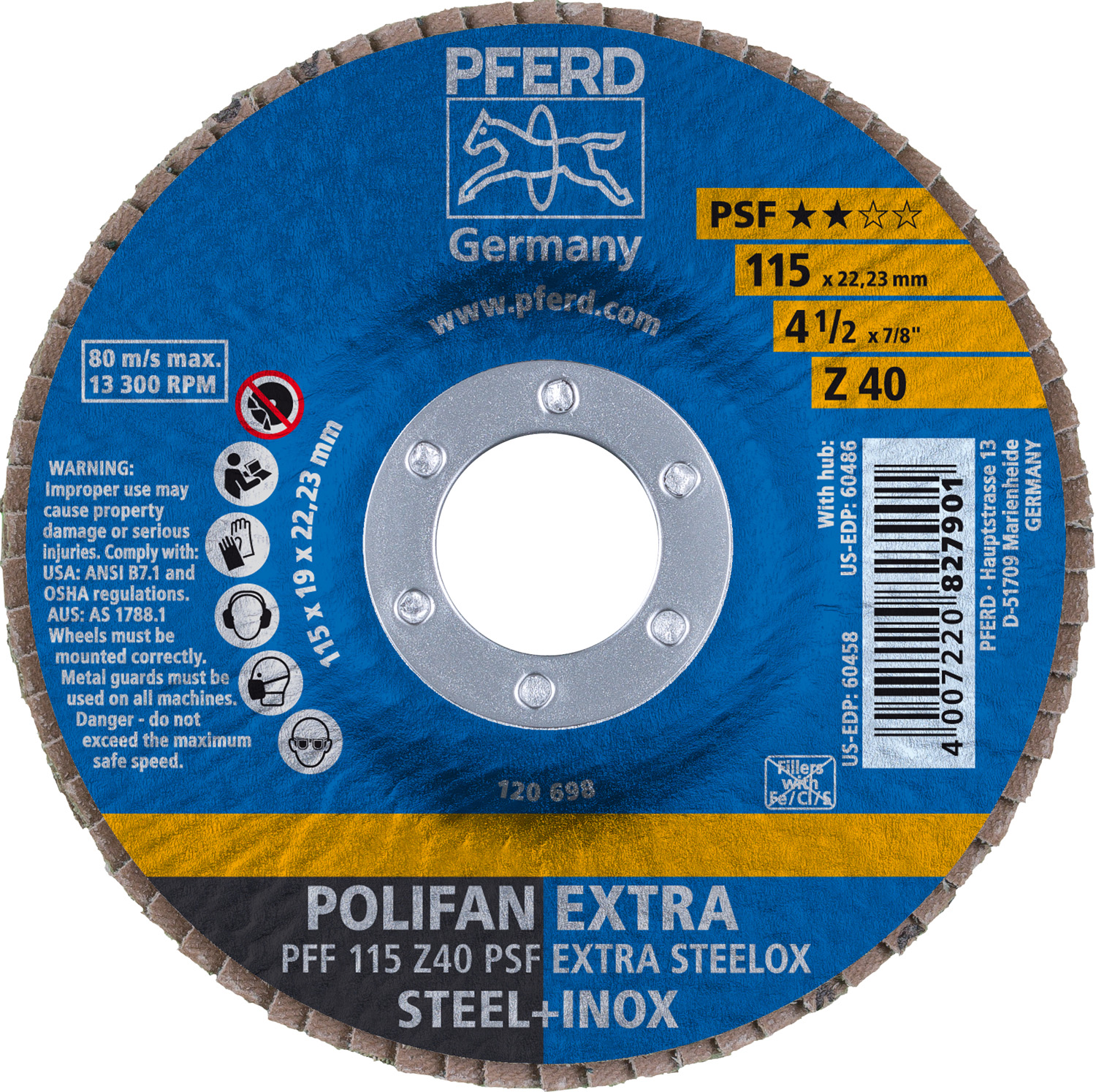 4-1/2" x 7/8" A.H. POLIFAN® Flap Disc, Z PSF EXTRA STEELOX, Zirconia, 40 Grit, Flat